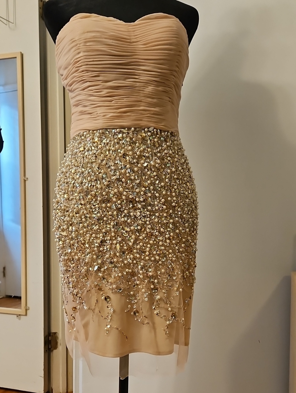 Terani Couture Strapless Nude-Beige Hand Sewn Beaded Cocktail Dress